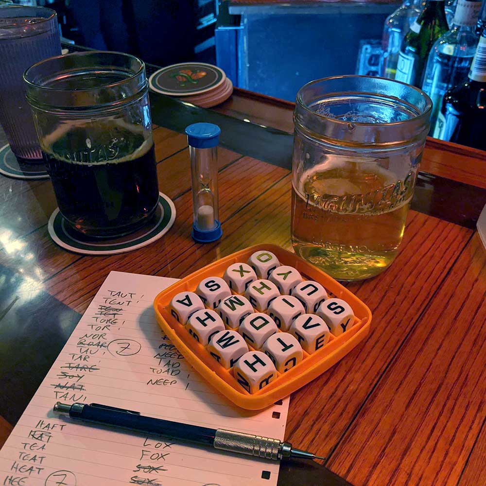 Playing Boggle at the Bad Apple.